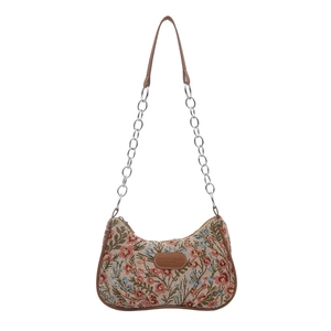 Floral nylon half-moon underarm bag with vintage embroidery and leather details