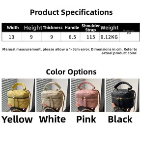 Quilted mini crossbody bag detail showing sizes and colors in yellow, white, pink and black