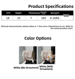 Size chart and details of a white embroidered small crossbody bag with dimensions