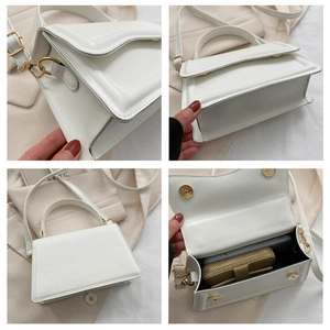 Detailed views of a white minimalist PU leather tote with gold hardware and interior space