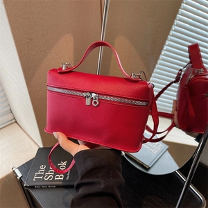 Chic red lychee leather small square handbag with silver hardware and adjustable strap