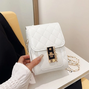 White quilted crossbody bag with gold metal clasp and chain strap for women