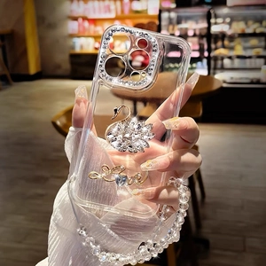 Coque iPhone transparente avec cygne en strass, dragonne en cristal et pendentif Love
