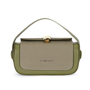 Olive green luxury top-handle box bag with beige textured fabric and shell metal clasp
