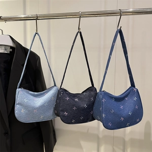 Women Underarm Bag Denim Fabric Colorful Bow Embroidery Zipper Closure Retro Sweet Style Shoulder Bag Casual