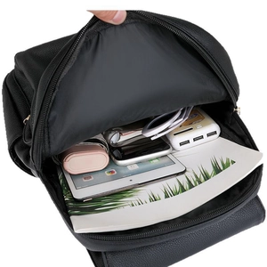 Black pebbled leather backpack with large capacity for laptop, umbrella and essentials