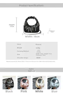 Detailed spec sheet showing wavy pattern bags with ruched handles and chain straps