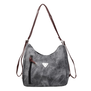 Vintage gray canvas tote bag with brown straps and silver metal logo for women