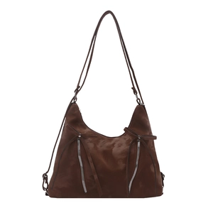 Sac hobo vintage marron avec fermetures éclair doubles et longs rubans décoratifs
