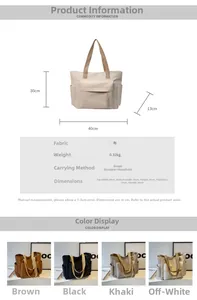 Size guide for canvas tote bag showing dimensions, weight, and four color options