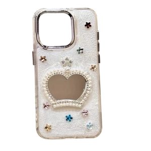 Glitter iPhone case with heart-shaped pearl mirror and colorful star decorations