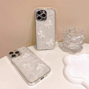 Phone Case Pearlescent Glitter With 3D Resin Bowknot Faux Artificial Pearl Elegant Sweet Shockproof Protective Cover For Smartphone