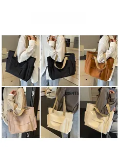 Detail shots of multi-pocket canvas tote bags in black and khaki shown on model