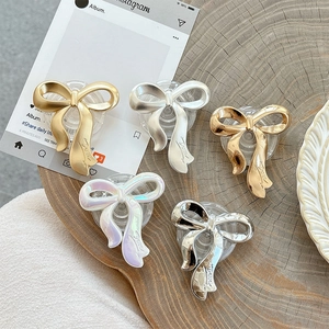 Bowknot Phone Expanding Stand Alloy Collapsible Adhesive Grip Tok Holder For Smartphones Elegant Shiny Metallic Matte