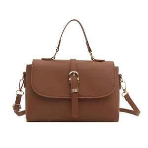 Minimalist brown pebbled leather crossbody bag with top handle and gold metal buckle