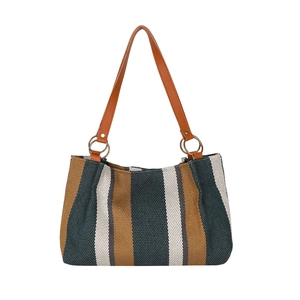 Striped canvas tote bag in green and ochre with brown leather handles and gold rings