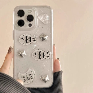Kawaii 3D Resin Fish Stars Moon Phone Case For iPhone 16 17 Pro Max Transparent TPU Soft Shell Silver Glitter Sweet Cover