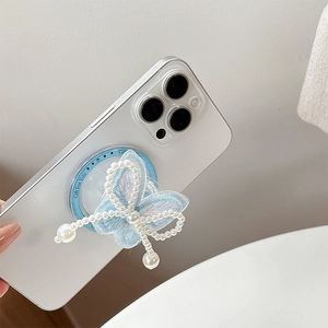 Detail of blue embroidery butterfly phone grip with white pearls and Gift For You text
