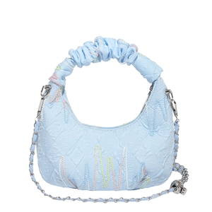 Light blue ruched handbag with colorful wavy embroidery and silver chain strap