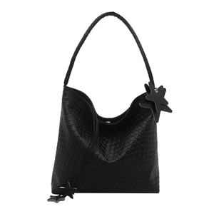 Woven black shoulder hobo bag with star charms and textured large capacity tote style