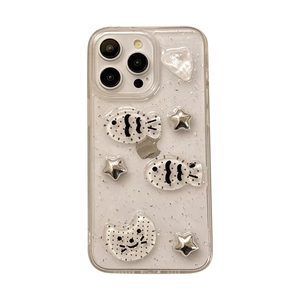 Sparkling iPhone case with 3D cartoon fish, moon, and silver stars in clear finish