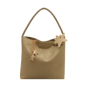 Minimalist khaki woven tote bag with star charms shown in a clean flat lay perspective