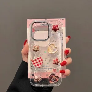 Glitter iPhone case with 3D plaid hearts and stars patterns for a vintage aesthetic