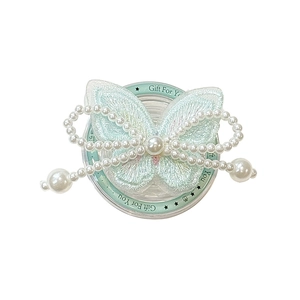 Bow-shaped magnetic phone grip with light cyan embroidery wings and white pearls