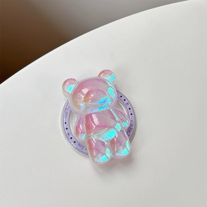 Dettaglio del supporto per telefono a forma di orso laser rosa con glitter olografici