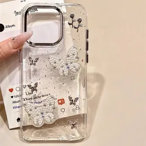 Luxus Künstliche Perle Schmetterling Klare Handyhülle TPU Silber Glitzer Metall Rose Elegant Stoßfest Leicht Schutzhülle