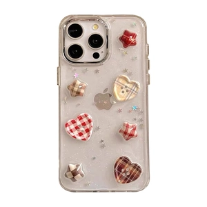 Glittery transparent iPhone case featuring plaid heart and star shaped decorative charms