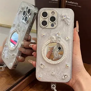 Custodia iPhone specchio glitter con fiocco di strass e stelle per modelli Pro Max