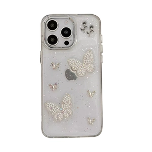 Transparente iPhone-Hülle mit Glitzer, Perlen-Schleifen und silbernen Rosen-Dekor
