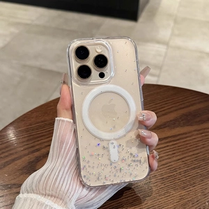 Sparkly clear MagSafe case for iPhone 17 with silver glitter stars and magnetic charging ring