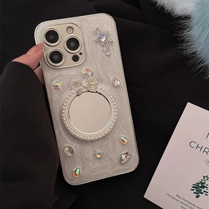 Custodia iPhone Pro Max glitterata con specchio, fiocco di strass e ciondolo stella