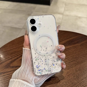 Transparent magnetic starry sky iPhone case with glitter star sequins and MagSafe circle