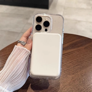 Macro detail of clear iPhone case with starry texture and white magnetic MagSafe card holder
