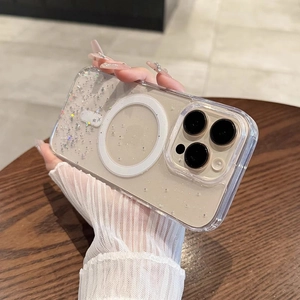 Transparent MagSafe case for iPhone with glitter stars and white magnetic ring