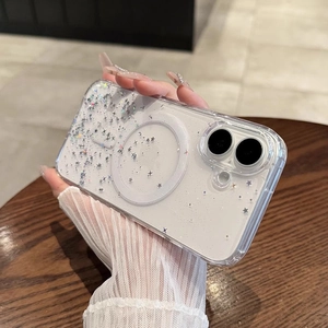 Detail of transparent starry iPhone case with silver glitter, stars and MagSafe magnet ring