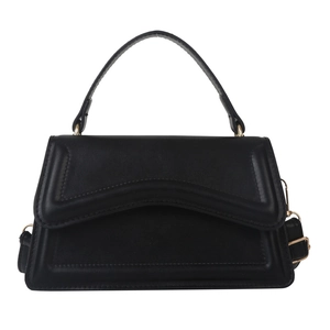 Structured black leather shoulder bag with top handle and gold hardware on white background