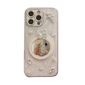 Custodia a specchio per iPhone con strass, stelle e perle dal design scintillante