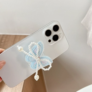 Light blue embroidered butterfly phone grip with white pearls and long tassel fringe