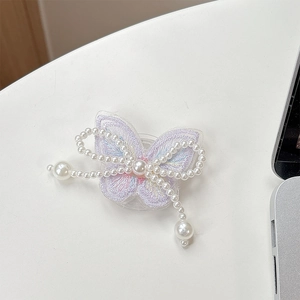 Detailed embroidery of purple butterfly phone grip with white pearls and iridescent threads
