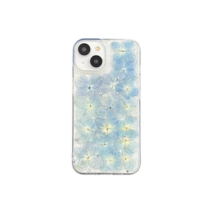 Clear iPhone case with blue pressed flowers and silver foil flakes for iPhone 16 Pro Max