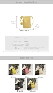 Detailed size specifications and five color variants of the mini PU crossbody bucket bag