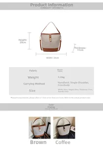 Detailed chart showing bucket bag dimensions 24x20x11cm with canvas and leather texture