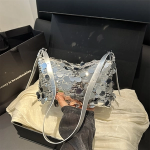 Silver sequin pillow bag for women with metallic round plates and shoulder strap