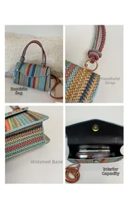 Detailed views of a colorful striped woven shoulder bag with magnetic clasp and wide base
