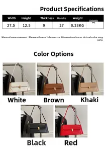 Detailed size chart and multi-color selection for this retro baguette shoulder bag