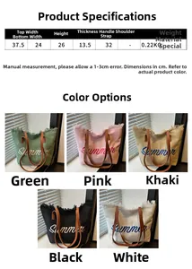 Size chart showing dimensions for the embroidered canvas tote bag with tassel details